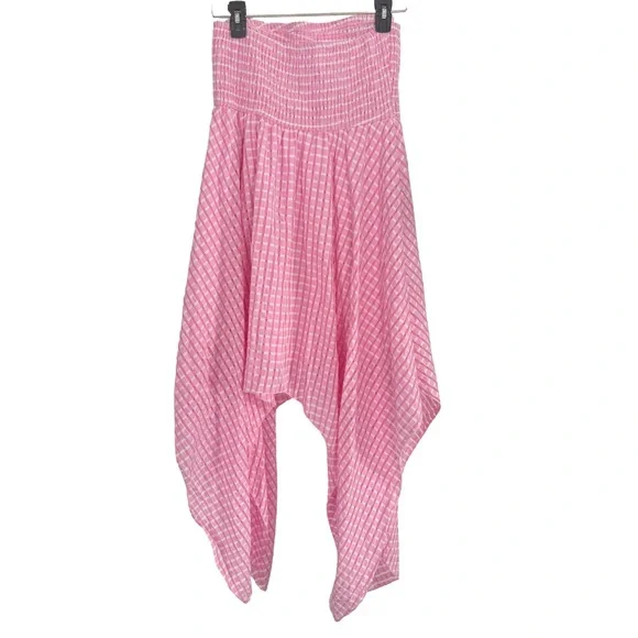 Sason Pink Gingham Strapless Smocked Handkerchief Hem Dress | XL - Picture 4 of 6